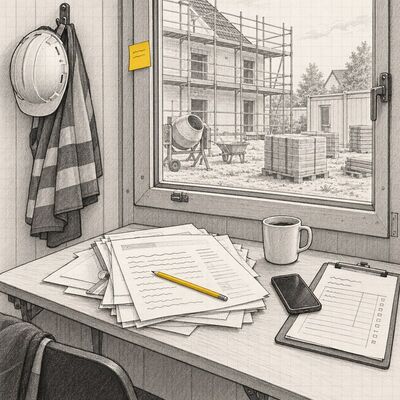 Bleistiftzeichnung: Schreibtisch im Baucontainer mit Papierstapel, Klemmbrett und Handy, draußen eine Baustelle mit Gerüst – KI-Webinar für Handwerksbetriebe, Nicole Angela Buck