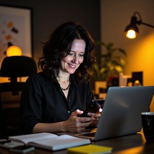 Frau am Laptop in einem abendlich beleuchteten Büro, lächelt beim Blick auf den Bildschirm