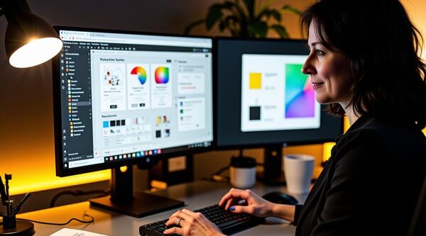 Claude Design im Test – Nicole Angela Buck an ihrem Arbeitsplatz mit KI-Design-Tool