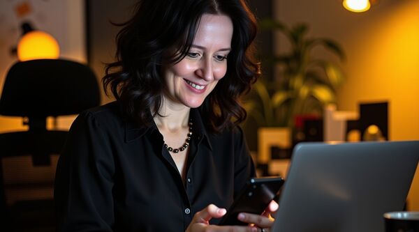 Frau am Laptop in einem abendlich beleuchteten Büro, lächelt beim Blick auf den Bildschirm