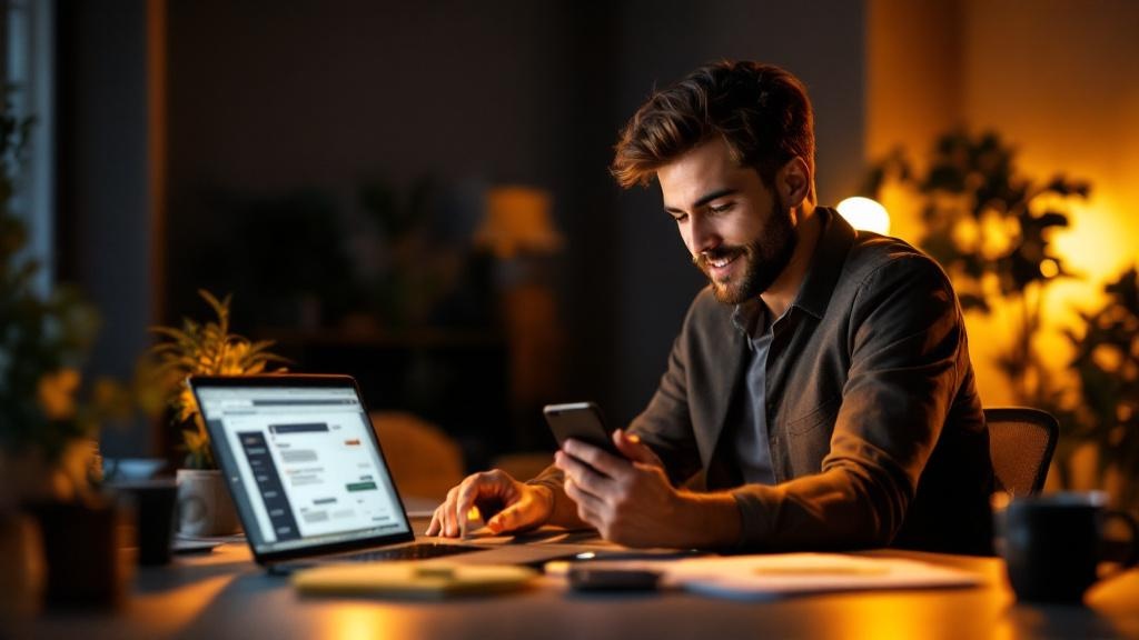 Junger Mann mit Smartphone am Laptop, abends bei warmem Licht am Schreibtisch
